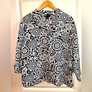 Vintage Carole Little Black and White Geometric Button Down Top 100% Linen